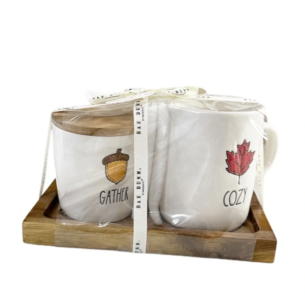 NEW Rae Dunn GATHER/COZY Cream & Sugar Set with Wooden Tray 🍁🍂🍁